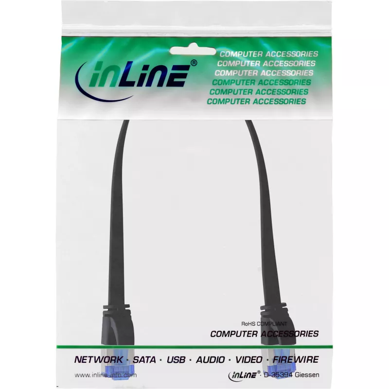 Cabo patch InLine plano, U/FTP, Cat.6A, TPE sem halogéneos, preto, 0,3 m