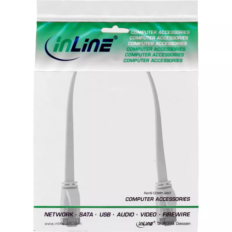Cabo patch InLine plano, U/FTP, Cat.8.1, TPE sem halogéneos, branco, 0,25 m