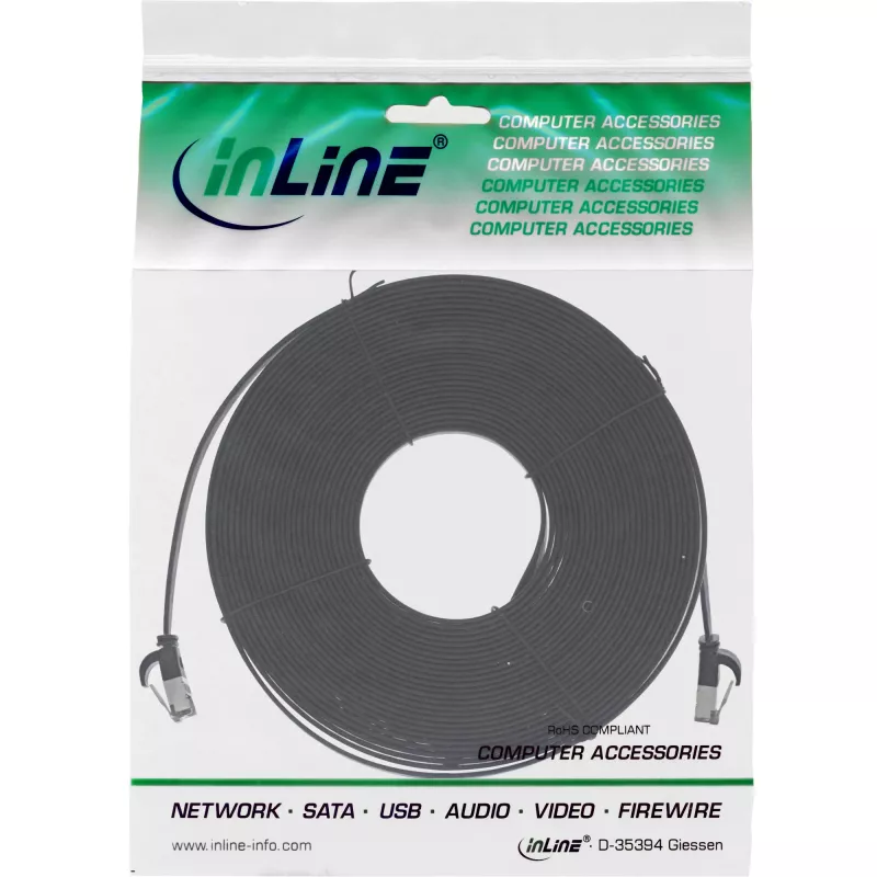 Cabo patch plano InLine, U/FTP, Cat.8.1, TPE sem halogéneos, preto, 7,5 m