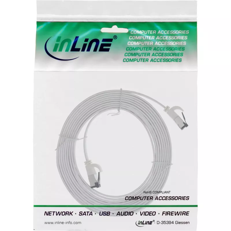 Cabo patch InLine plano, U/FTP, Cat.8.1, TPE sem halogéneos, branco, 1 m