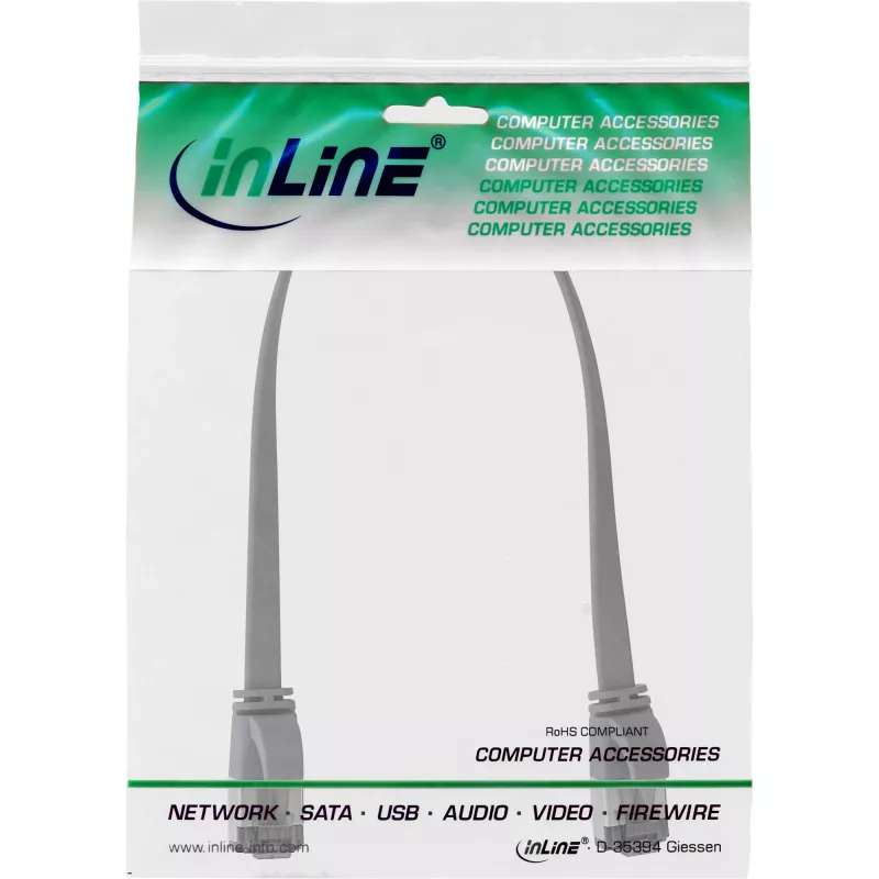 Cabo patch InLine plano, U/FTP, Cat.8.1, TPE sem halogéneos, cinzento, 0,3 m