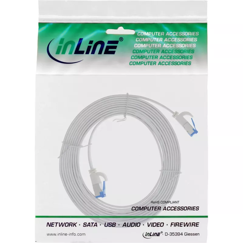 Cabo patch InLine plano, U/FTP, Cat.6A, TPE sem halogéneos, branco, 3 m