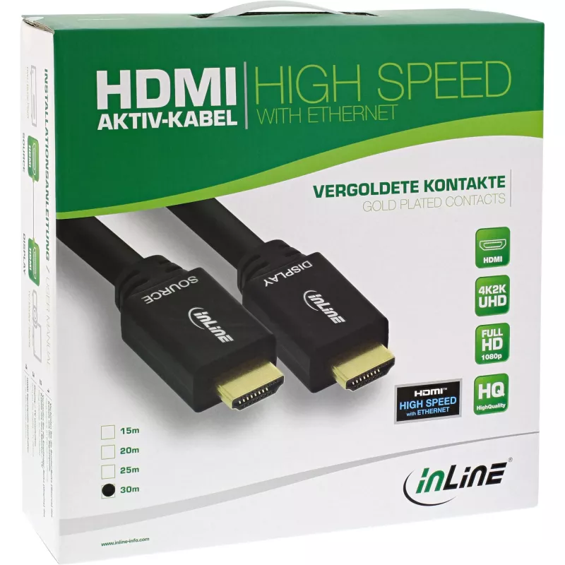 Cabo HDMI InLine High Speed com Ethernet, ativo, M/M, preto, contactos dourados, 40 m