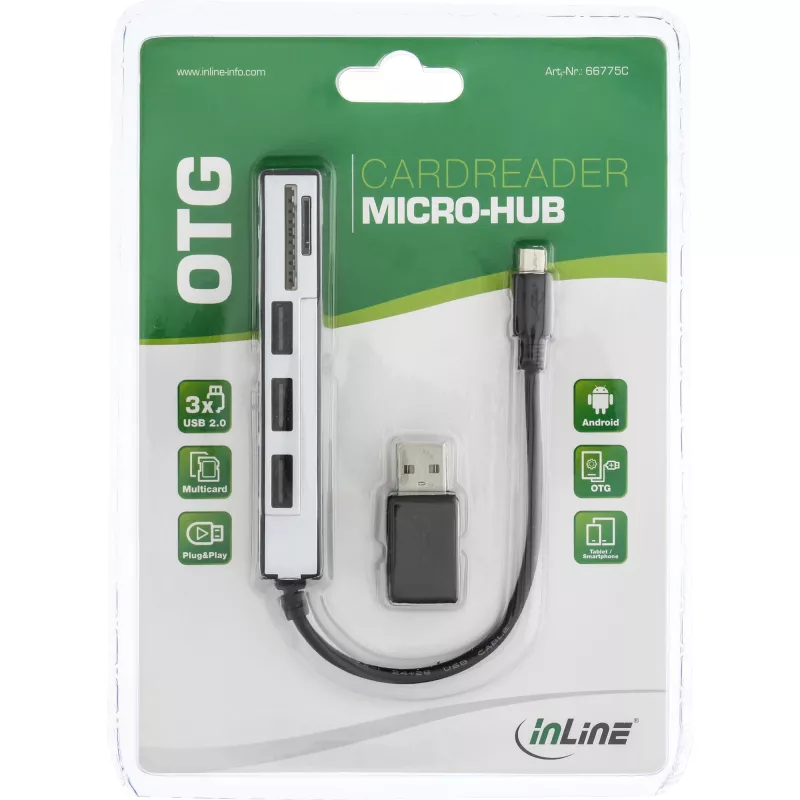 Leitor de cartões USB OTG InLine & hub USB 2.0 de 3 portas para SDXC & microSD + adaptador