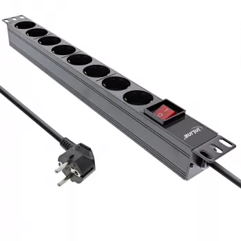 Régua de tomadas 19 polegadas InLine, 8 tomadas Schuko, com interruptor, 2 m, preto