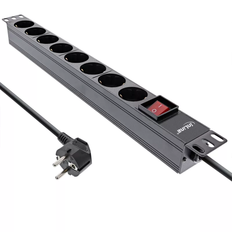 Régua de tomadas 19 polegadas InLine, 8 tomadas Schuko, com interruptor, 2 m, preto