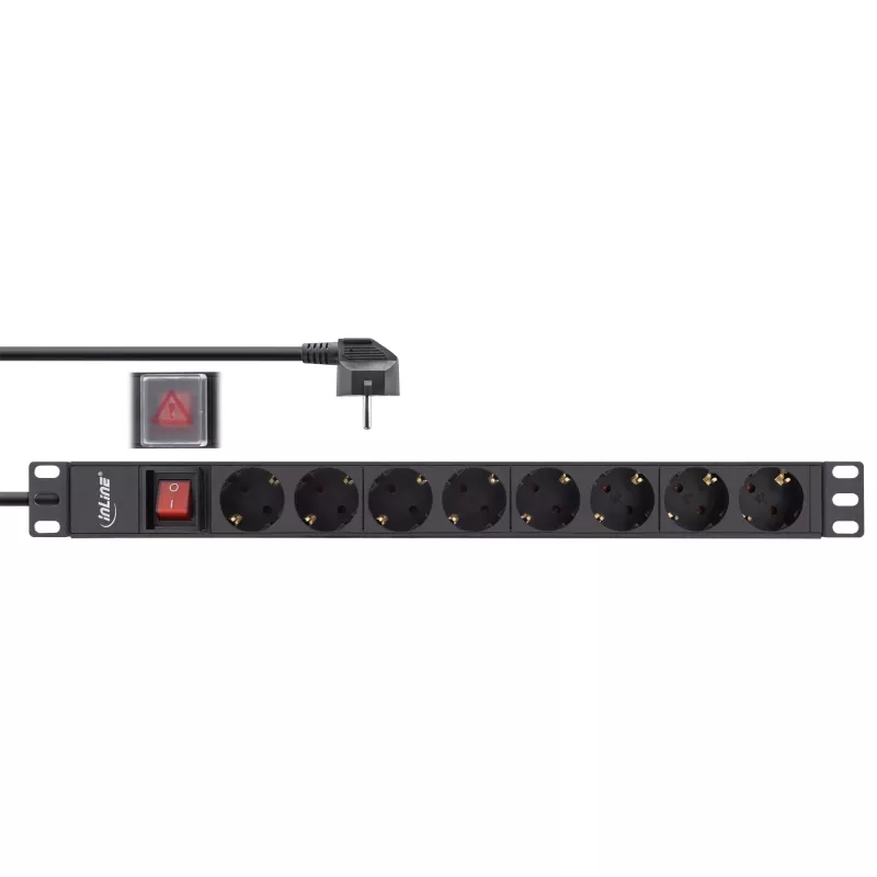 Régua de tomadas 19 polegadas InLine, 8 tomadas Schuko, com interruptor, 2 m, preto