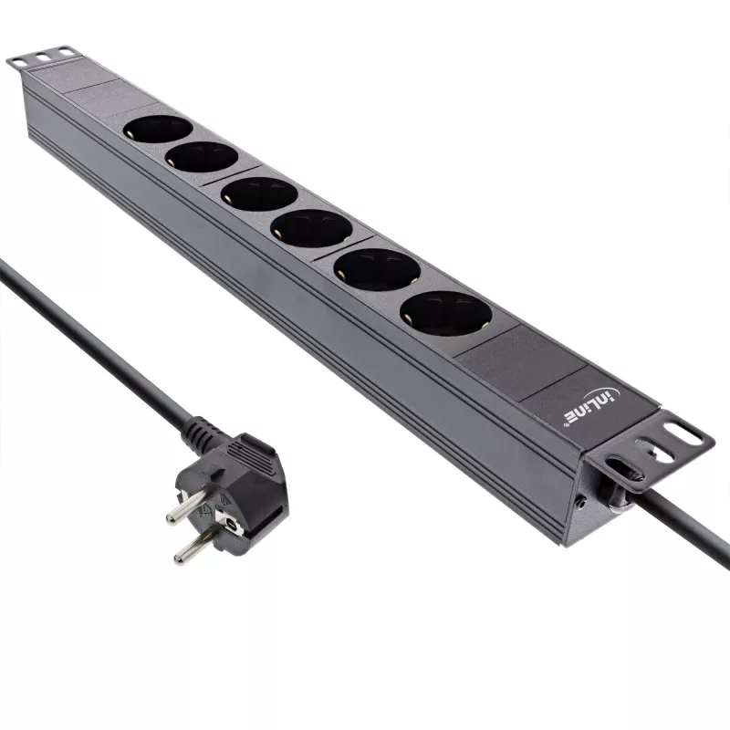 Régua de tomadas 19 polegadas InLine, 6 tomadas Schuko, sem interruptor, 2m, preto