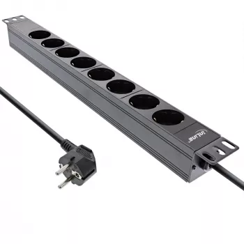 Régua de tomadas 19 polegadas InLine, 8 tomadas Schuko, sem interruptor, 2m, preto