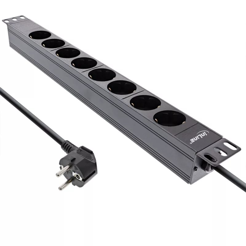 Régua de tomadas 19 polegadas InLine, 8 tomadas Schuko, sem interruptor, 2m, preto