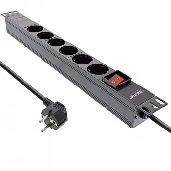 Régua de tomadas 19 polegadas InLine, 6 tomadas Schuko, com interruptor, 2m, preto