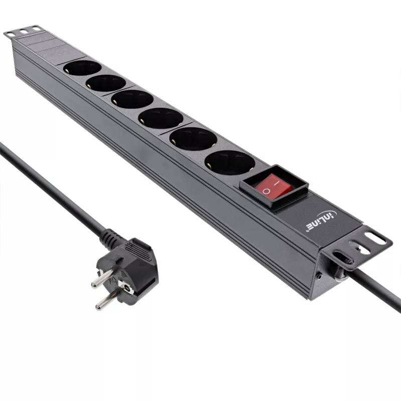 Régua de tomadas 19 polegadas InLine, 6 tomadas Schuko, com interruptor, 2m, preto