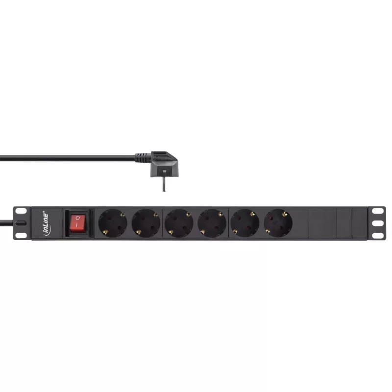 Régua de tomadas 19 polegadas InLine, 6 tomadas Schuko, com interruptor, 2m, preto