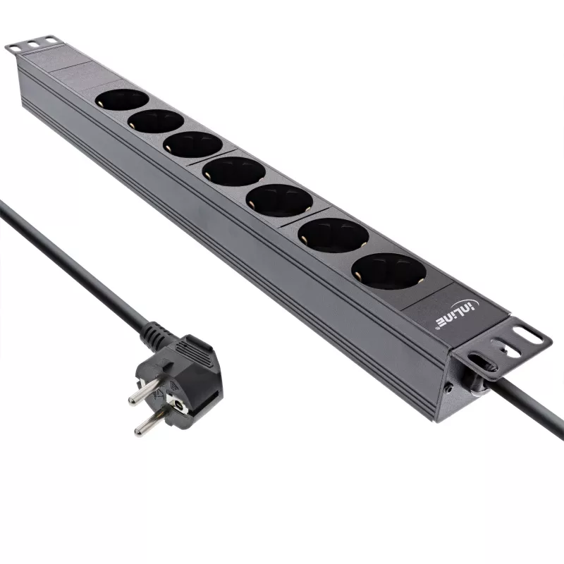 Régua de tomadas 19 polegadas InLine, 7 tomadas Schuko, sem interruptor, 2m, preto
