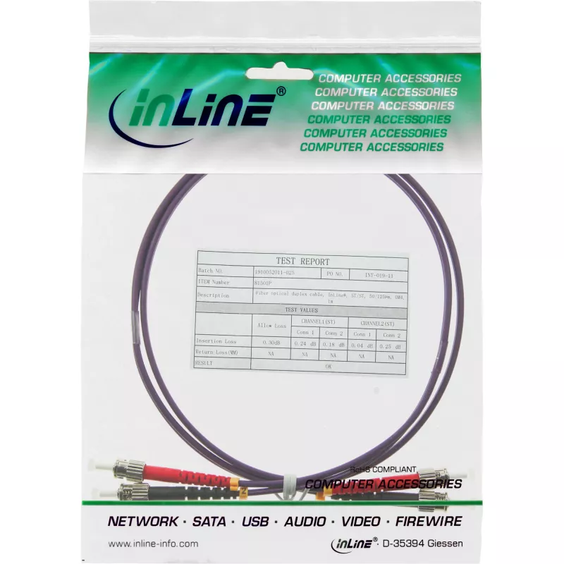 Cabo de fibra ótica duplex ST/ST InLine 50/125µm OM4 5m