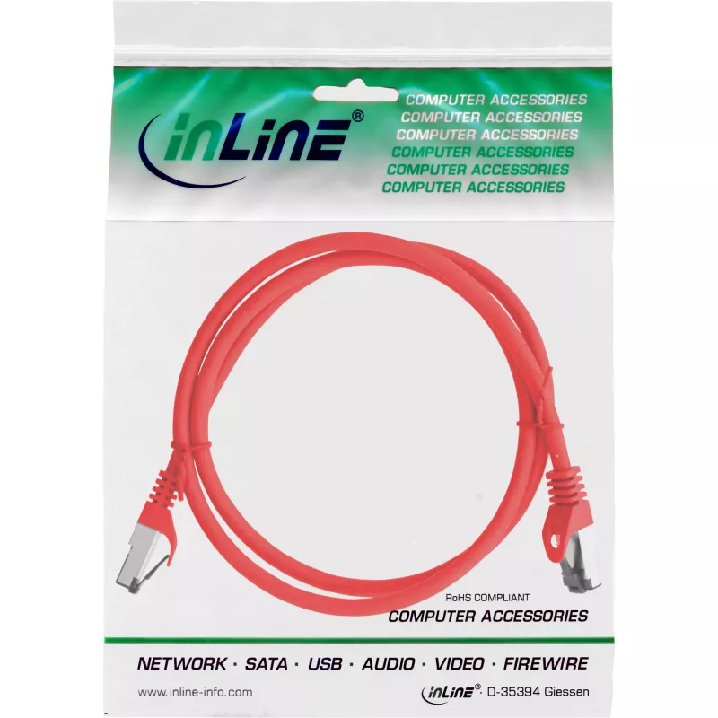 Cabo de rede InLine, S/FTP (PiMf), Cat.8.1, 2000MHz, sem halogéneos, vermelho, 1m