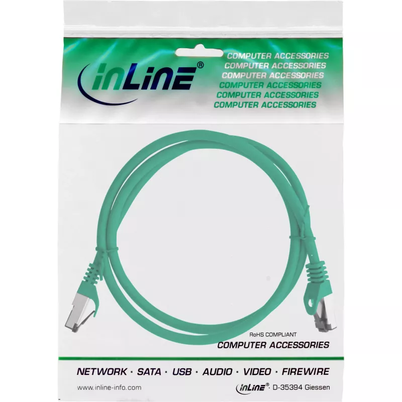 Cabo de rede InLine, S/FTP (PiMf), Cat.8.1, 2000MHz, sem halogéneos, verde, 1m