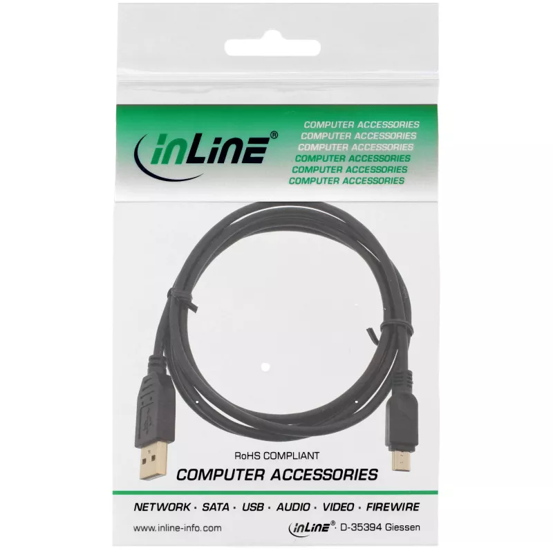 Cabo Mini USB 2.0 InLine, ficha Type-A / ficha Mini-B (5 pinos), preto/dourado, 5 m