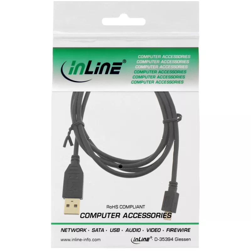 Cabo Micro USB 2.0 InLine, ficha USB Type-A / ficha Micro-B, preto, 1 m