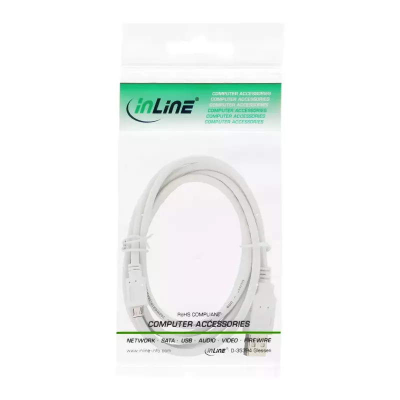 Cabo Micro USB 2.0 InLine, ficha USB Type-A / ficha Micro-B, branco, 0,5 m