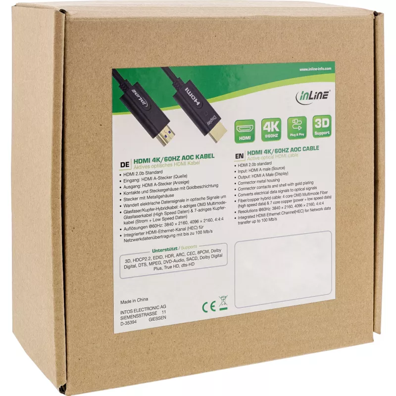 Cabo HDMI AOC InLine, High Speed HDMI com Ethernet, 4K/60 Hz, M/M 10 m