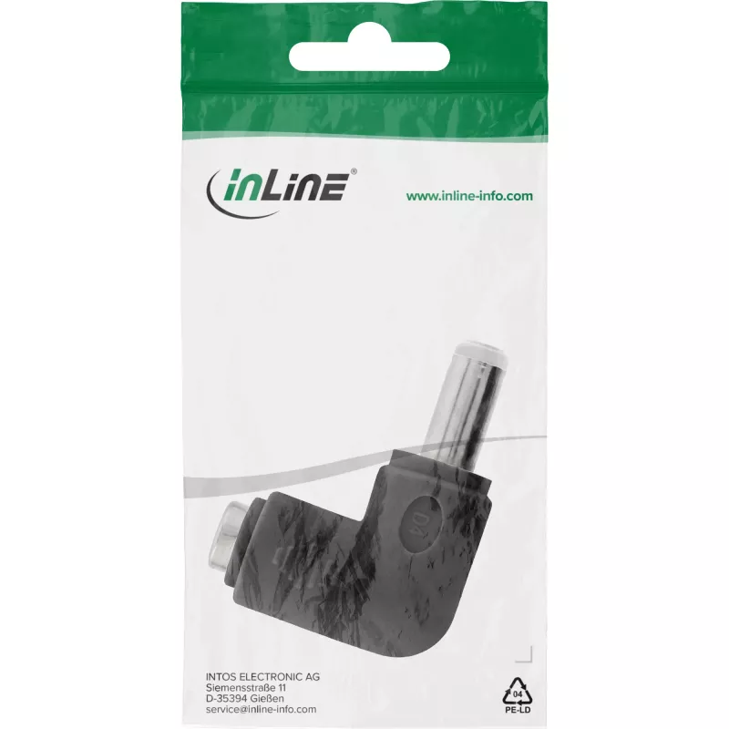 Adaptador DC InLine 5,5×2,5 mm ficha angular macho–fêmea, entrada 5 V, interior, preto