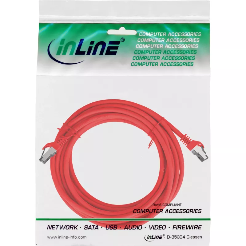 Cabo de patch InLine, S/FTP (PiMf), Cat.8.1, 2000MHz, sem halogéneos, vermelho, 10m