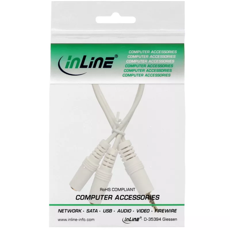 Cabo estéreo em Y InLine 3,5 mm jack macho para 2 x 3,5 mm jack fêmea branco/dourado, 0,1 m