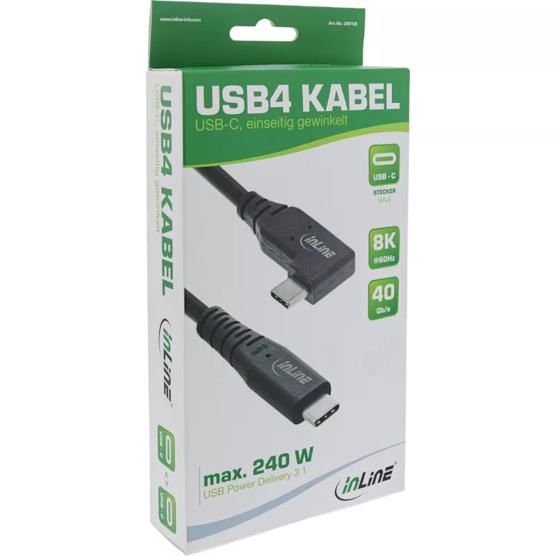 Cabo USB4 InLine, USB-C, angular de um lado, PD 240W, 8K60Hz, TPE, preto, 2m