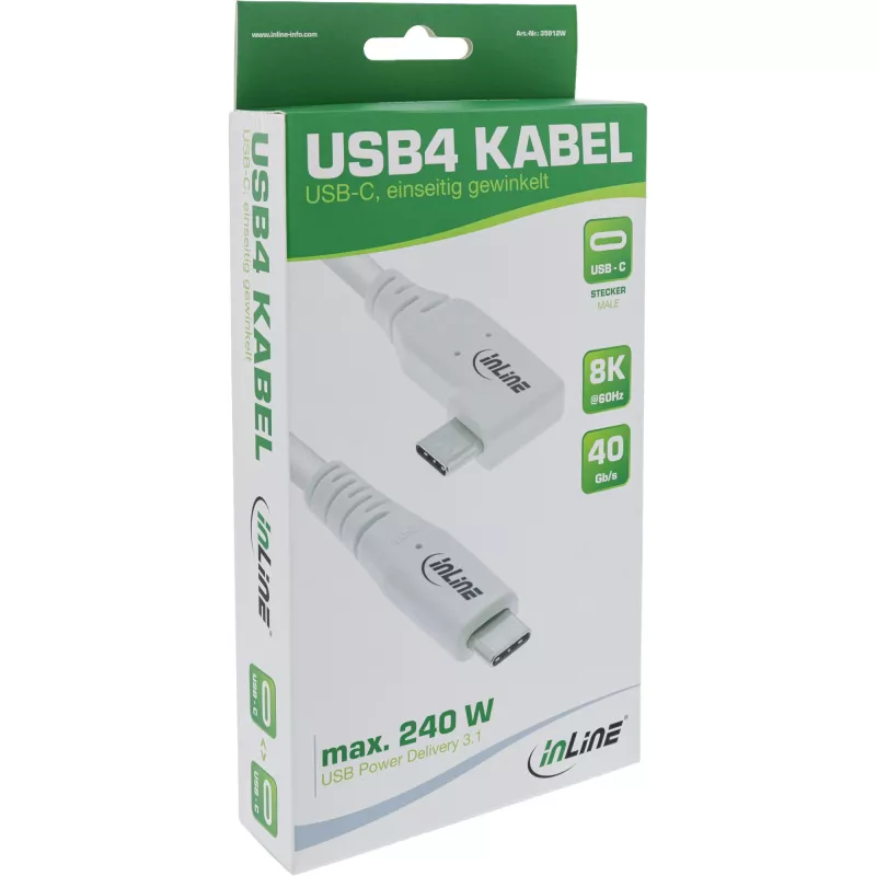 Cabo USB4 InLine, USB-C, angular de um lado, PD 240W, 8K60Hz, TPE, branco, 1m