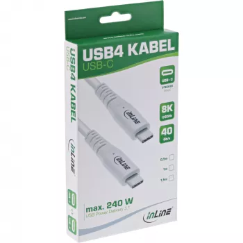 Cabo USB4 InLine, USB-C macho/macho, PD 240W, 8K60Hz, TPE, branco, 1,5m