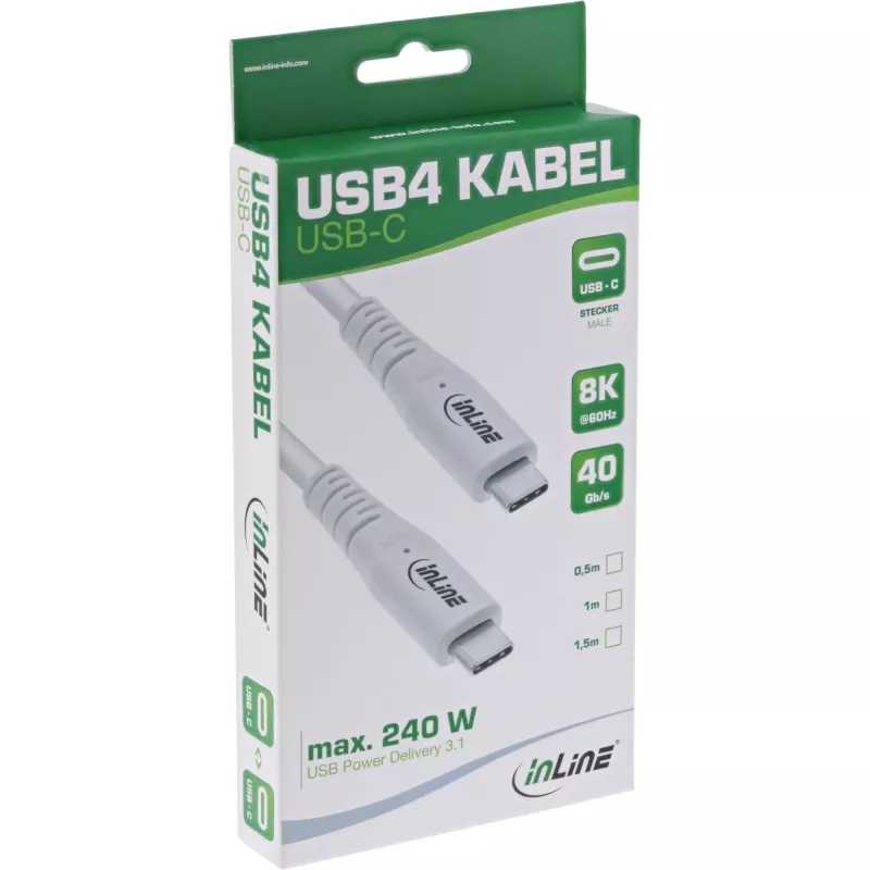 Cabo USB4 InLine, USB-C macho/macho, PD 240W, 8K60Hz, TPE, branco, 1m