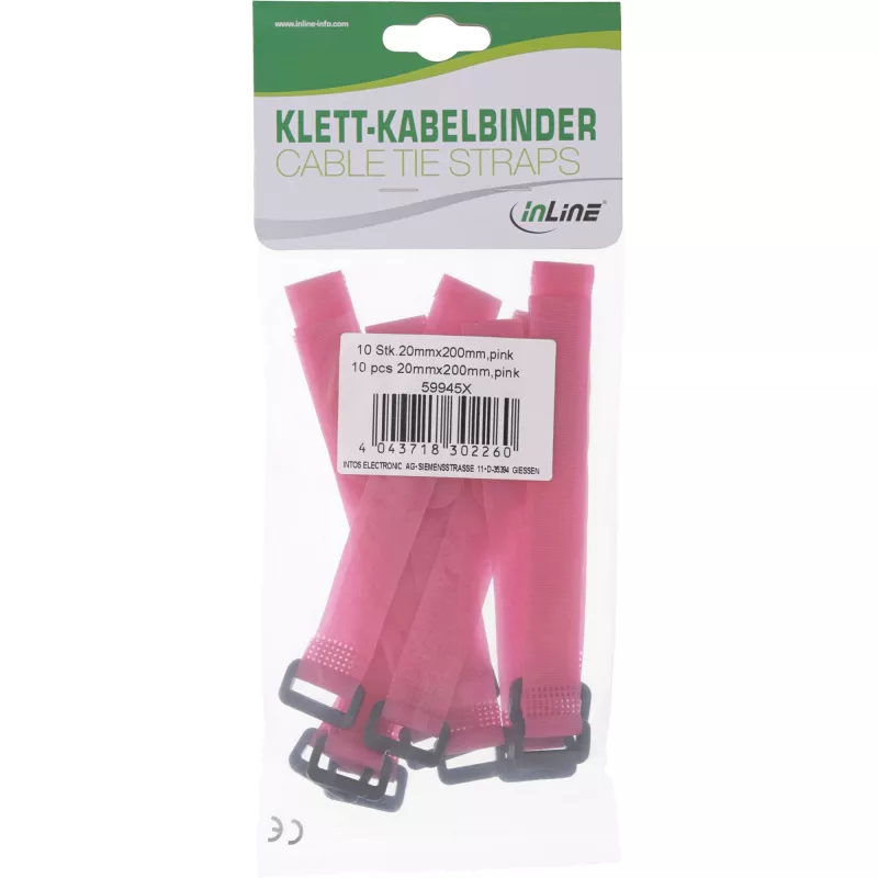Abraçadeiras de cabos InLine com fecho de velcro 20 x 200 mm, 10 unid., rosa