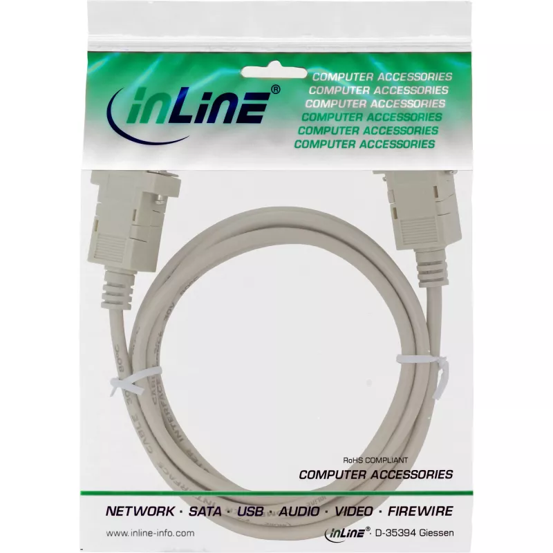 InLine Cabo null modem, DB9 fêmea/fêmea, com clipe, bege, 3 m