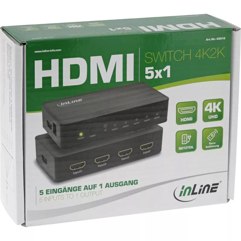 Comutador HDMI InLine 5 portas 4K2K@60Hz HDCP 2.2 preto