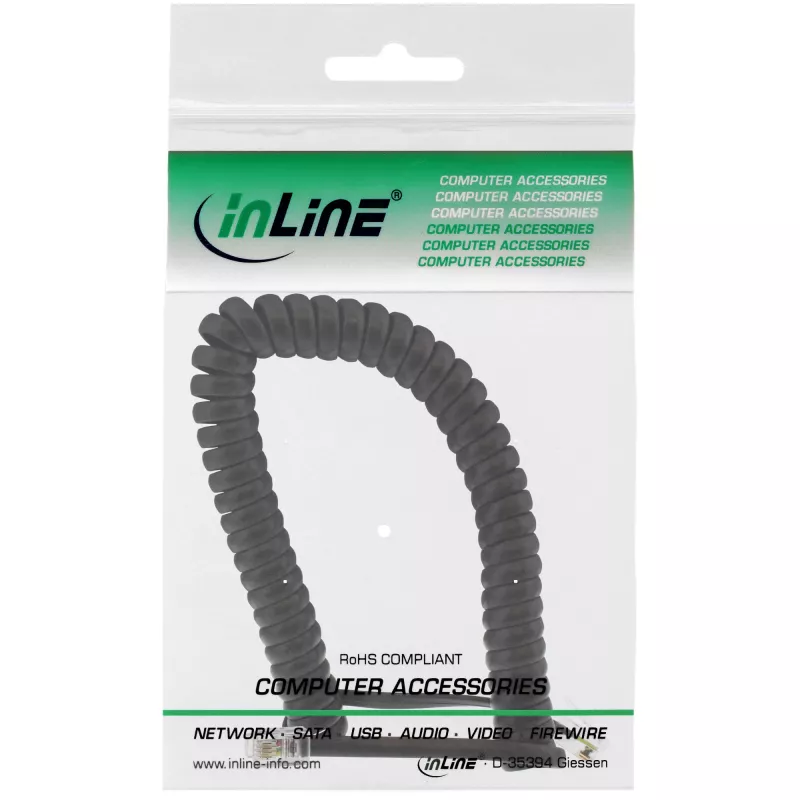 Cabo telefónico em espiral InLine RJ10 4P4C 18893 2m preto