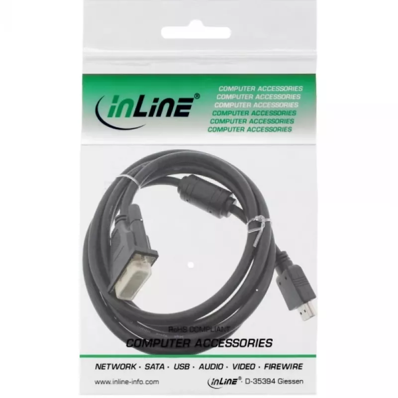 Cabo HDMI-DVI InLine 19 pinos macho / 18+1 macho + núcleo de ferrite preto 1,8 m