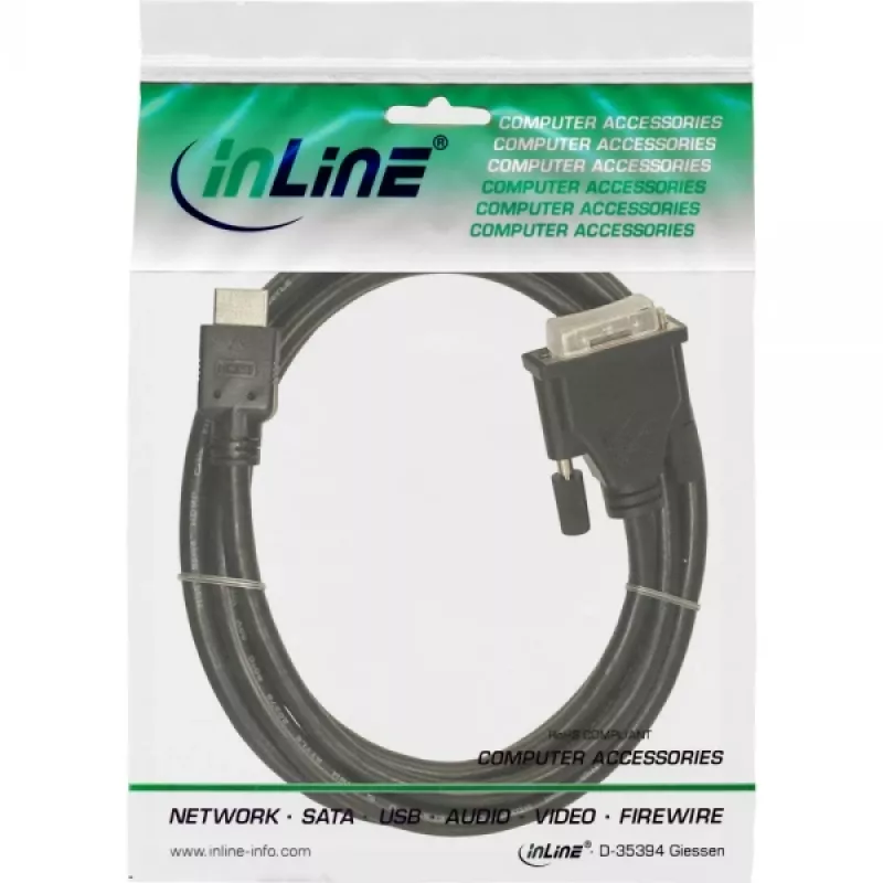 Cabo HDMI-DVI InLine 19 pinos macho / 18+1 macho + núcleo de ferrite preto 5m