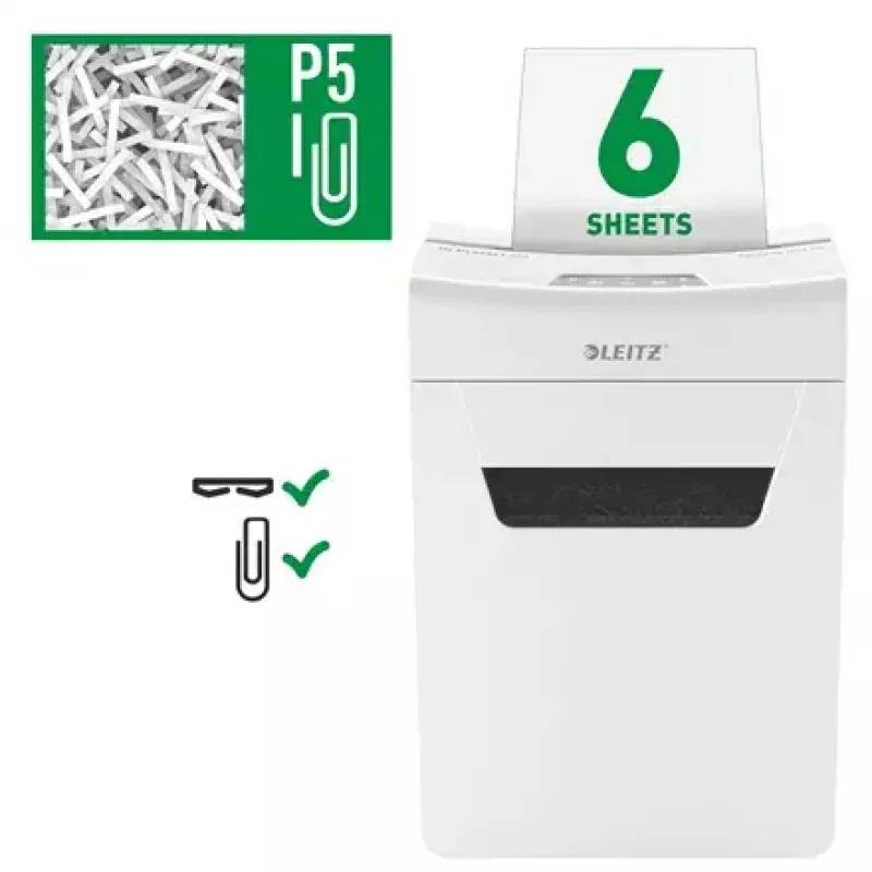 Destruidora de documentos LEITZ IQ Protect Premium 6M P5 – microcorte, 18 L, controlo tátil, 351×204×355 mm