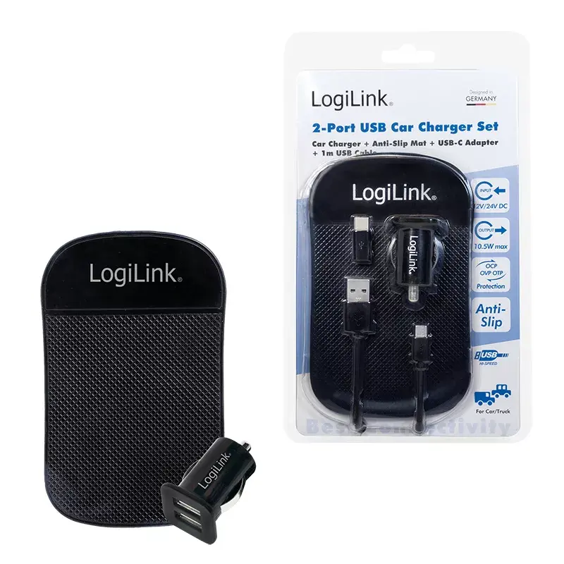 Carregador de automóvel universal LogiLink PA0204, 2 x USB, 10,5 W, 2,1 A, indicador LED, preto