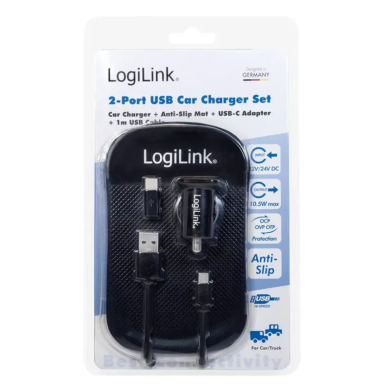 Carregador de automóvel universal LogiLink PA0204, 2 x USB, 10,5 W, 2,1 A, indicador LED, preto