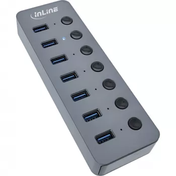 Hub USB 3.2 Gen.1 InLine, 7 portas, com interruptor, alumínio, cinzento, com fonte de alimentação