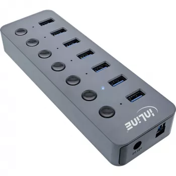 Hub USB 3.2 Gen.1 InLine, 7 portas, com interruptor, alumínio, cinzento, com fonte de alimentação