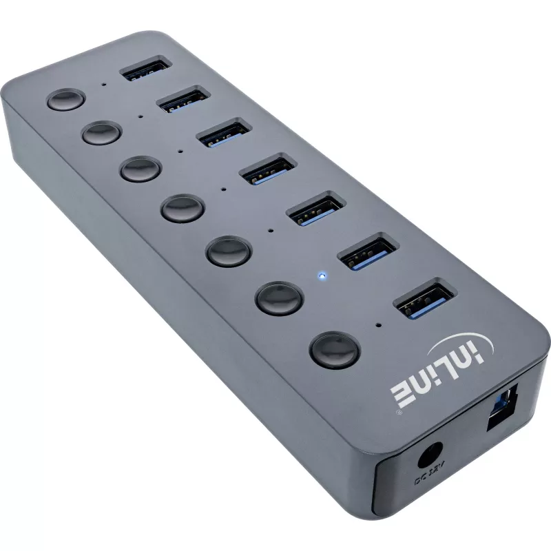 Hub USB 3.2 Gen.1 InLine, 7 portas, com interruptor, alumínio, cinzento, com fonte de alimentação