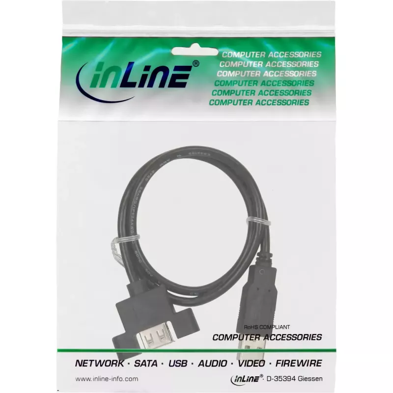 InLine Cabo USB 2.0 A macho para A fêmea para suporte de slot, 0,6 m, preto, embalagem a granel de 120 unidades