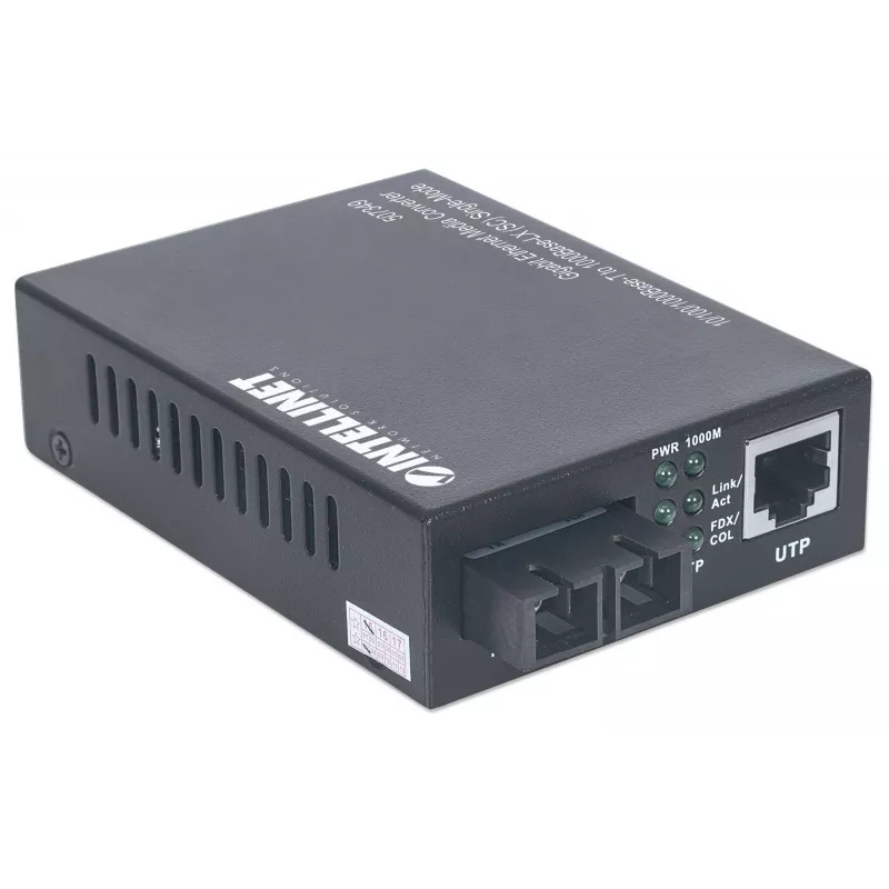 Conversor de suporte Gigabit Ethernet monomodo Intellinet, 10/100/1000Base-T para 1000Base-Lx (SC) monomodo, 20 km
