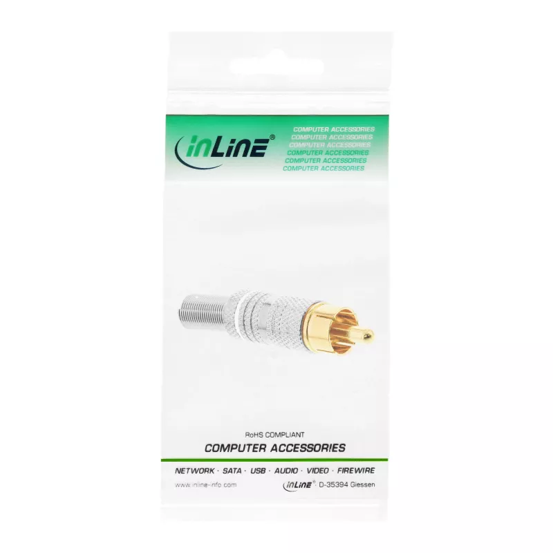 Ficha RCA metálica macho InLine para soldar, prateado, anel branco, para cabo de 6 mm