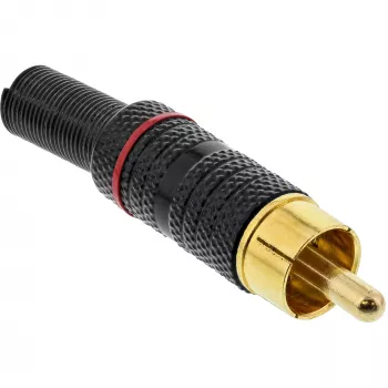 Ficha RCA metálica InLine para soldar, preto, anel vermelho, para cabo de 6 mm