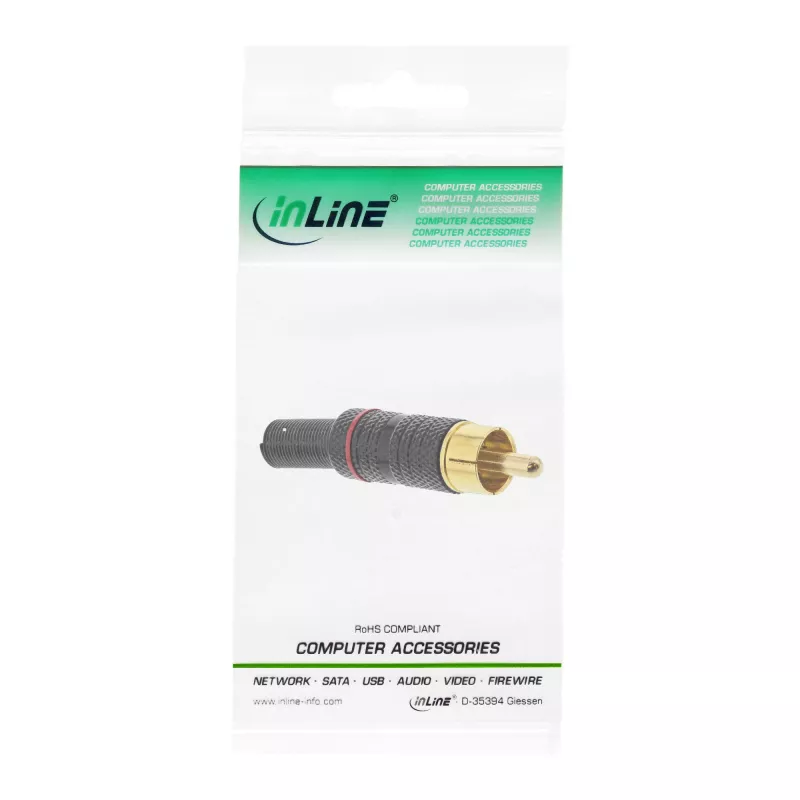 Ficha RCA metálica InLine para soldar, preto, anel vermelho, para cabo de 6 mm