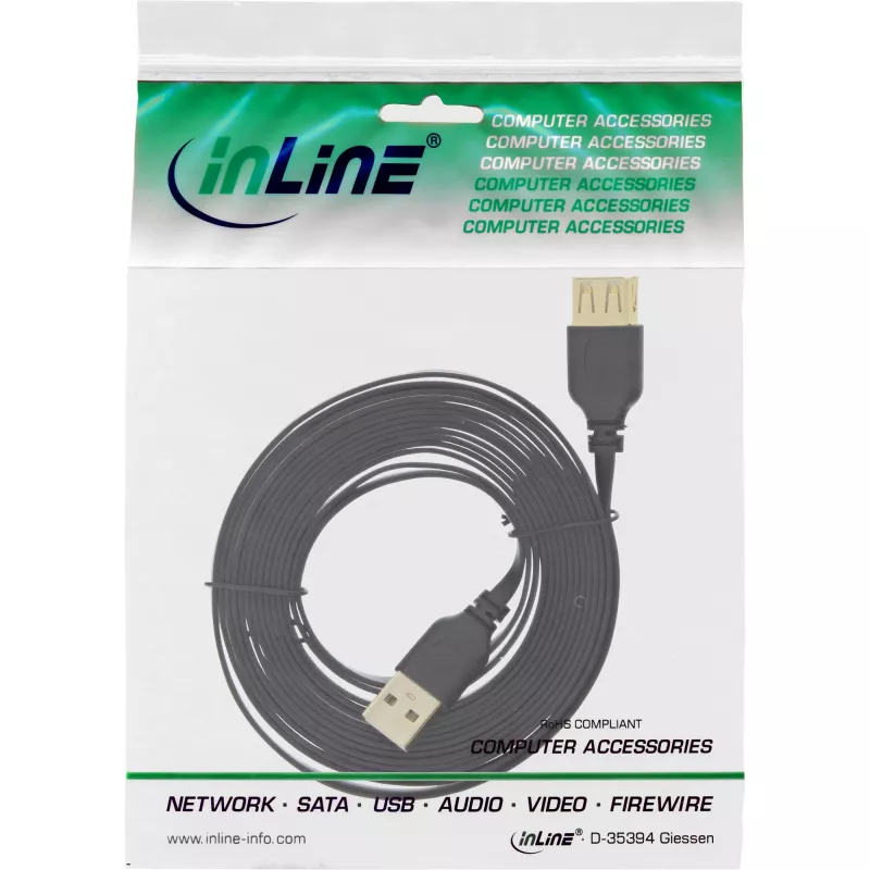 Cabo plano USB 2.0 InLine Type-A macho/fêmea dourado preto 1,5 m